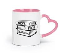 DEBINGY Taza de cerámica para café, biblioteca, librería, citas Nunca dejes de aprender, libros de aprendizaje (320 ml) para el hogar y la oficina, color rosa
