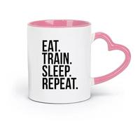 DEBINGY Taza de cerámica para café, con frases motivadoras sobre comer, entrenar, dormir y repetir en el gimnasio (320 ml) y apta para microondas, color rosa.