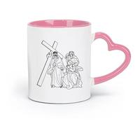 DEBINGY Taza de cerámica para café, diseño de la 8.ª estación de la cruz, Jesús consuela a las mujeres de Jerusalén (320 ml) y apta para microondas, color rosa