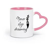 DEBINGY Taza de porcelana con frases inspiradoras Nunca dejes de soñar con pluma de mariposa para oficina (320 ml) apta para lavavajillas, color rosa