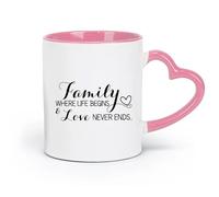 DEBINGY Taza de porcelana de cerámica La familia es el comienzo de la vida y el amor es infinito, citas inspiradoras (320 ml) para el hogar o el trabajo, color rosa