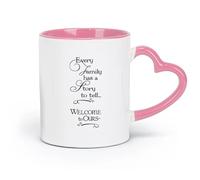 DEBINGY Taza de té de cerámica Cada familia tiene una historia, citas de bienvenida, entrada, corazón de bienvenida familiar (320 ml) para oficina y hogar, color rosa