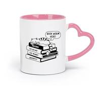 DEBINGY Taza de té de cerámica con un glifo de un gato acostado sobre un libro con tipografía de ratón de biblioteca aquí (11 oz/320 ml) para el hogar o el trabajo rosa