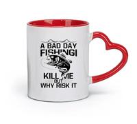 DEBINGY Taza de té de cerámica Un mal día de pesca me mata, pero ¿por qué arriesgarme? Tipografía gráfica de pesca (11 oz/320 ml) para el hogar y la oficina Rojo