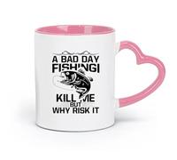 DEBINGY Taza de té de cerámica Un mal día de pesca me mata, pero ¿por qué arriesgarme? Tipografía gráfica de pesca (11 oz/320 ml) para el hogar y la oficina Rosa