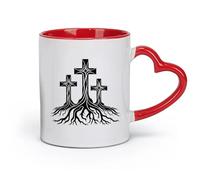 DEBINGY Tazas de café de cerámica con asa, tres cruces cristianas con raíces de árboles (11 oz/320 ml), aptas para oficina, hogar, cafetería, lavavajillas y microondas, color rojo