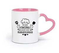 DEBINGY Tazas de cerámica blancas España Cosas maravillosas suceden en esta cocina Chef Restaurante Citas inspiradoras (11 oz/320 ml) y aptas para microondas Rosa