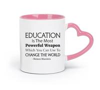 DEBINGY Tazas de cerámica para té y café con frases de Nelson Mandela: La educación es el arma más poderosa de la ciencia (320 ml) para el hogar o el trabajo. Rosa.