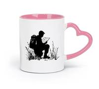 DEBINGY Tazas y vasos de cerámica con silueta de un excursionista agachado en la hierba alta estudiando un mapa (11 oz/320 ml) para oficina, hogar, color rosa