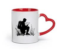 DEBINGY Tazas y vasos de cerámica geniales silueta de un excursionista agachado en la hierba alta estudiando un mapa （11 oz/320 ml） para oficina, hogar rojo