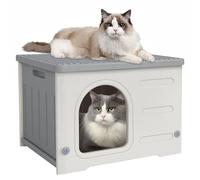 Deblue Casa de plástico para gatos para interiores y exteriores, resistente a la intemperie, para gatos salvajes, refugio único para mascotas pequeñas, espaciosa, fácil de montar, color gris