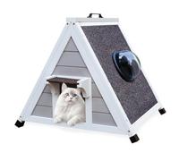 Deblue Casa para gatos salvajes, resistente a la intemperie, para gatos pequeños, refugio de madera único con puerta de escape, ventana transparente para mascotas pequeñas, color gris