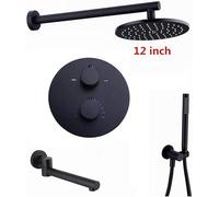 DECAKE Système de Douche en laiton massif, mitigeur thermostatique, Ensemble de Douche Noir, comprenant UNE Pomme de Douche à Effet pluie, UNE Douche à Main et un Robinet de baignoire, 8