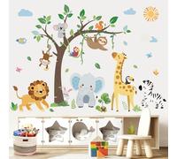 decalmile Pegatinas de Pared Animales de la Jungla Árbol Vinilos Decorativos Safari Elefante Jirafa León Mono Adhesivos Pared Habitación Infantiles Niños Bebés Guardería