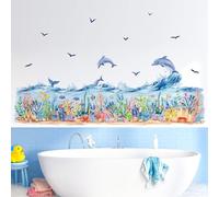 decalmile Pegatinas de Pared Bajo el Mar Algas Vinilos Decorativos Marina Delfín Peces Oceano Olas Rodapié Adhesivos Pared Habitación Infantiles Bebés Guardería Baño