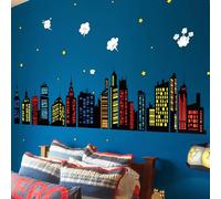 decalmile Pegatinas de Pared Ciudad Silueta Colorido Vinilos Decorativos Skyline de la Ciudad Edificio Estrellas Adhesivos Pared Habitación Infantiles Dormitorio