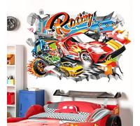 decalmile Pegatinas de Pared Coches de Carreras 3D Infantiles Vinilos Decorativos Vehículo Rojo Banderas Adhesivos Pared Habitación Infantiles Niños Bebés Guardería