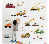 decalmile Pegatinas de Pared Coches Infantiles de Construcción Vehículos Vinilos Decorativos Camiones Excavador Adhesivos Pared Habitación Niños Guardería