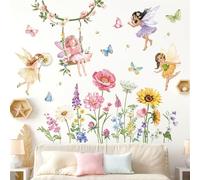 decalmile Pegatinas de Pared Hada Flores Silvestres Niñas Vinilos Decorativos Floral Diente de León Mariposas Adhesivos Pared Habitación Niñas Bebés Guardería