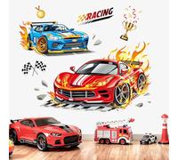 decalmile Pegatinas de Pared Infantiles 3D Coches de Carreras Vinilos Decorativos Vehículo Rojo y Azul Banderas Adhesivos Pared Niño Dormitorios Cuarto de Jugar Habitación