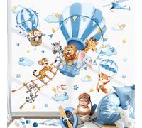 decalmile Pegatinas de Pared Niños Animales Globos Aerostáticos Azul Vinilos Decorativos León Jirafa Tigre Nube Estrella Adhesivos Pared Habitación Niña Bebé Guardería Dormitorio Baño