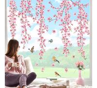 decalmile Pegatinas de Ventana Flor de Cerezo Rosa Vinilos para Ventanas Flores de Vid Colgantes Pájaros Anticolisión Vinilo No Adhesivo de Pegatinas Vidrio Ventana
