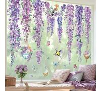 decalmile Pegatinas de Ventana Flore Morado Primavera Vinilos para Ventanas Hojas Verde Flores de Vid Plantas Colgantes Anticolisión Vinilo No Adhesivo de Pegatinas Vidrio