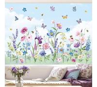 decalmile Pegatinas de Ventana Jardín de Flores Vinilos para Ventanas Flor Morado y Mariposas Anticolisión Vinilo No Adhesivo de Pegatinas Vidrio Ventana