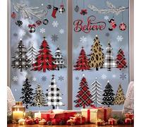decalmile Pegatinas de Ventana Navidad Arbol de Navidad Vinilos para Ventanas Rojo Negro Plaid Árbol Copo de Nieve Adhesivos Pared Ventana Navidad Invierno Ventana Puerta Casa Tienda