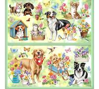 decalmile Pegatinas de Ventana Primavera Perros Gatos Vinilos para Ventanas Jardín Flores Girasoles Mariposas Anticolisión Vinilo No Adhesivo de Pegatinas Vidrio Ventana