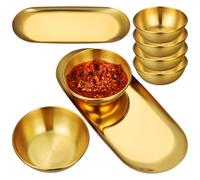 DECHOUS Cuencos de Acero Inoxidable Dorado para Salsa 6 Piezas con 2 Bandejas Ovaladas Grandes para Servir, Tazones Pequeños para Condimentos y Aperitivos, Ideales para Sushi y Cocina