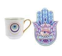 DECHOUS Juego de Taza y Platillo de Cerámica Turca para Café, Set de 1 Unidad, Tamaño Pequeño, Color Blanco con Diseño Ojo Turco, Taza con Asa Ergonómica para Hogar y Oficina, Adecuado