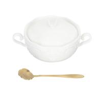 DECHOUS Tazón de Postre de Cerámica Blanco con Doble Asa y Tapa, Diseño Europeo Lujoso con Cuchara para Celebraciones y Fiestas