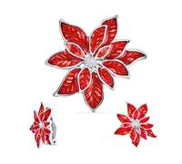 Declaración Grande Flor Fiesta Fiesta Esmalte Rojo Blanco Poinsettia Broche Clip En Pendientes Navidad Bufanda Pin Conjunto De Joyería Para Las Mujeres Plateado