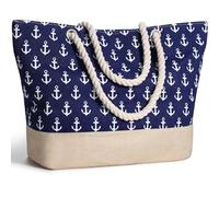 Decmoko Bolsa de Playa para Mujer, Totalizador de Lona de Verano Grande con Cremallera y Asa de Cuerda, Bolso Tote Beach Bag para Playa Viajes Gimnasio Compras, Azul Marino