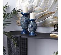 Deco 79 Portavelas de cerámica con patrón Recortado, Juego de 2 13 Pulgadas, 10 Pulgadas de Alto, Azul