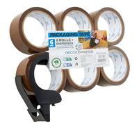 DECO EXPRESS Pack Dispensador de Cinta Embalar con 6 Rollos de Cinta Adhesiva - Precinto Embalar Resistente Marrón, Cinta Frágil y Celo Transparente, Mudanzas, Transporte (Pequeño dispensador marrón)