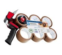 DECO EXPRESS Pack Dispensador de Cinta Embalar con 6 Rollos de Cinta Adhesiva - Precinto Embalar Resistente Marrón, Cinta Frágil y Celo Transparente, Mudanzas, Transporte (Dispensador Marró)