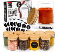 Deco haus® Frascos Almacenamiento Herméticos con Tapas de Bambú - 10 Contenedores para Especias, Hierbas, Sal, Condimentos - 16 Etiquetas Adhesivas, Bolígrafo - Diámetro 6,5cm, Altura 8,5cm, 190ml