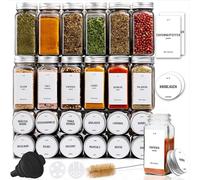 Deco Haus Juego 24 Tarros Especias con Tapa Rosca - Etiquetas, Embudo, Cepillo, Marcador - Va con Nuestros Estantes para Condimentos - Almacenamiento y Dispensador Vidrio Transparente 120ml 10.5x4.3cm