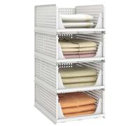DECODEKO 4 Pcs Organizador Armario, Cajones Extraibles Apilables y Plegables para Armarios, Cajas Almacenaje Ropa de Plastico,Separadores para Ropa Cocina Dormitorio Baño - 33 x 43 x 18 cm, Blanco