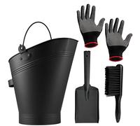 DecoExpress Juego Accesorios para Chimeneas, Conjunto de 4 Piezas - Cubo de Carbón, Pala de Carbón, Cepillo y Guantes