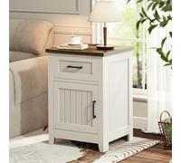 Decofy Mesita de noche de granja con estación de carga, un cajón, una puerta (1, blanco + nogal)