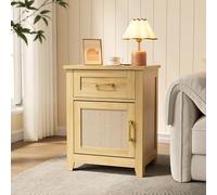 Decofy Mesita de noche de granja con estación de carga, un cajón y una puerta, ratán (1)