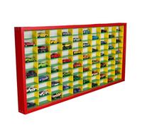 Decographics | Vitrina Expositor H100| Compatible con Hot Wheels | Capacidad 100 Coches | Vitrina para colección | Organizador de Coches |con Puerta (Roja-Interior-Amarilla-Verde)