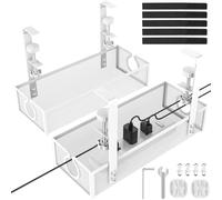 DECOHOME Organizador Cables Escritorio, Bandeja Sin Taladro, Blanco x2 | Bandeja de malla metálica de 34 cm; fijación con abrazadera de tornillo, sin taladrar; gomas protectoras que no dejan marcas