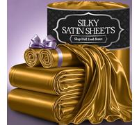 DECOLURE, Juego de ropa de cama sedosa de satén de lujo de 4 piezas, sin arrugas, con sábana bajera de 40 cm de profundidad, perfecto para cabello y piel, Matrimonio, Dorado