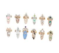 DECOMELODY 12 Anillos de Cristal para Uñas sin Pegamento, Accesorios de Decoración Elegantes y Fáciles de Usar para Festivales y Citas, Material de Aleación y Cristal