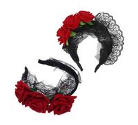 DECOMELODY 2 Diademas De Rosas Con Flores Tocado De Rosas Rojas Banda Para El Cabello De Encaje Espeluznantes Pinza Para El Cabello Con Flores