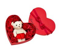 DECOMELODY Caja de Regalo con Pétalos de Jabón en Forma de Rosa y Oso de Tela, Adorno Romántico para San Valentín y Día la Madre, Color Rojo y Diseño Delicado en Forma de Corazón